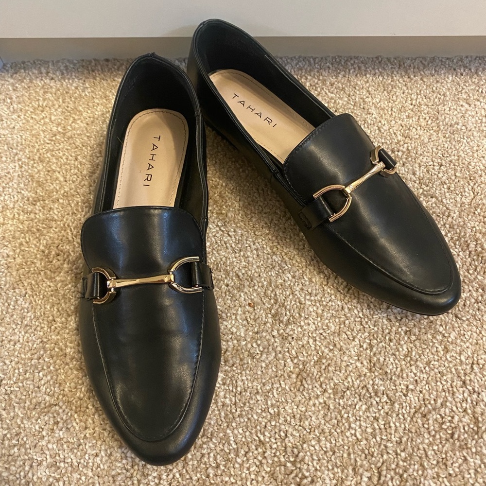 Tahari Black and Gold Indira Flats with Sophisticated Design